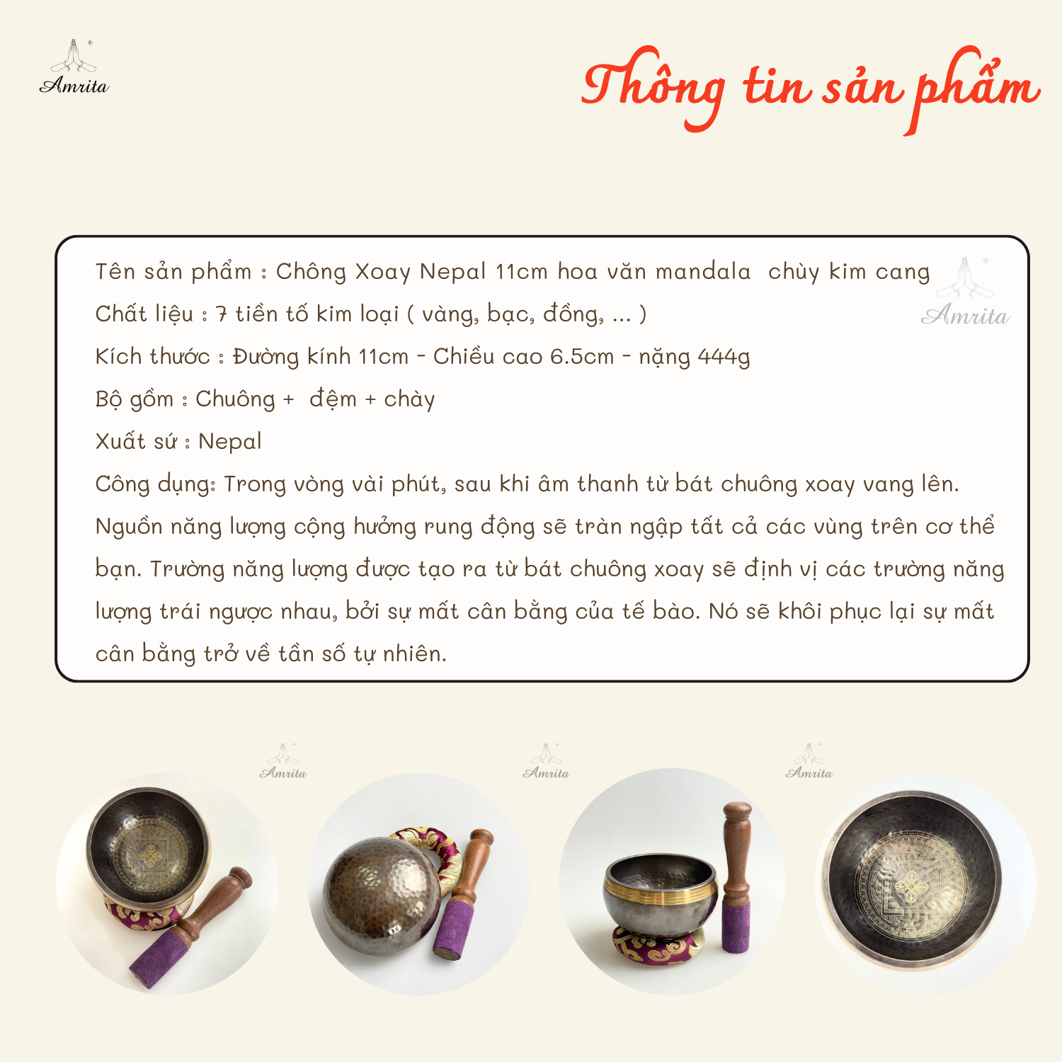 CXNP269 Chuông 11cm hoa văn mandala chùy kim cang 2