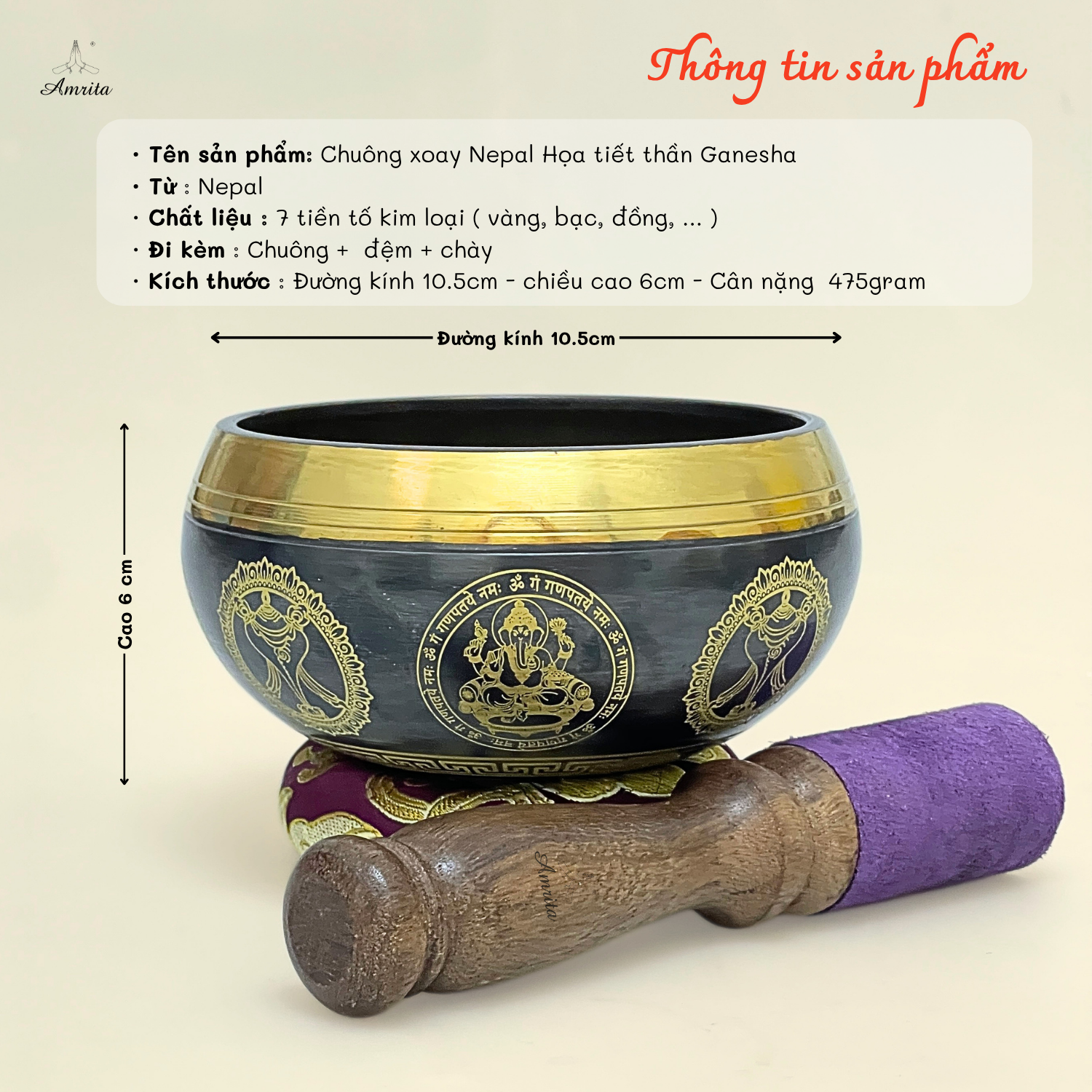 CXNP326 Chuông xoay Nepal 10.5cm hoa văn vị thần Ganesha Ảnh 2