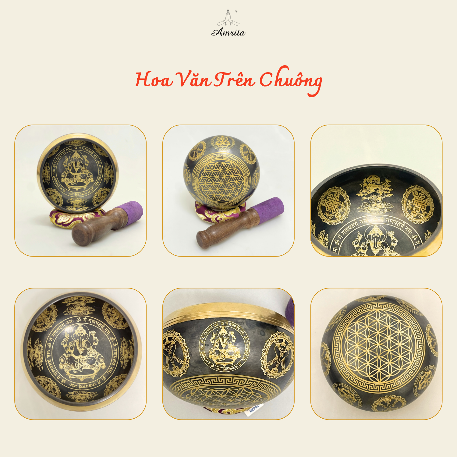 CXNP326 Chuông xoay Nepal 10.5cm hoa văn vị thần Ganesha Ảnh 5